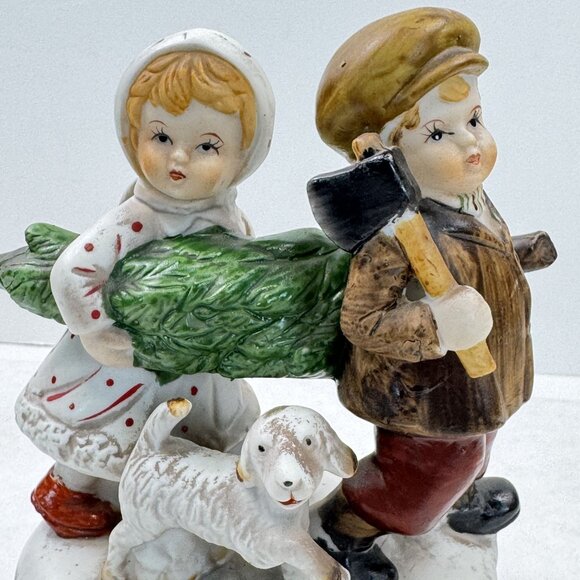 Vintage Ceramic Christmas Music Box "Oh Christmas Tree" Children Dog Rotating 7" - Picture 3 of 12